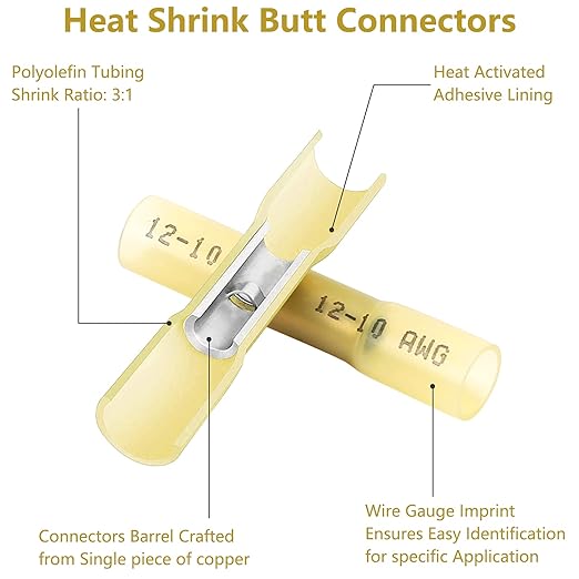 120 Pcs Yellow Heat Shrink Butt Connectors, AWG12-10 Waterproof Insulated Electrical Wire Connectors, Crimp & Shrink Butt Splice Connectors Terminal for Automotive Marine Truck Trailer Stereo (Yellow)