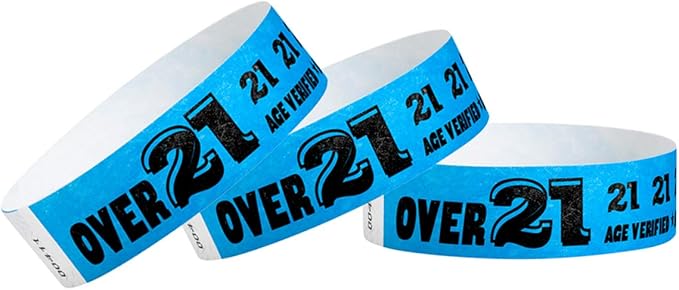 500 WristCo Over 21 Neon Blue Tyvek Wristbands for Events - ¾” x 10” - Waterproof Recyclable Comfortable Tear Resistant Paper Bracelets Wrist Bands for Concerts Festivals Admission Party