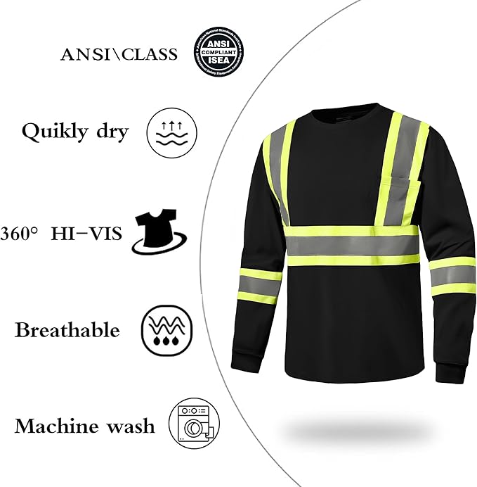 Hi Vis Safety Long Sleeve Shirts，High Visibility Class 3 T Shirts with Reflective Strips and Pocket, Quick Dry Mesh Construction Work Shirt for Men/Women (Black,XL)