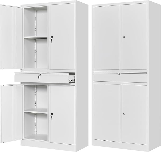 Letaya Metal Garage Storage Cabinet with Drawer,4 Door Tool Cabinet with Lock-2 Adjustable Shelves for Garage Home Office Utility Room (White)