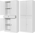 Letaya Metal Garage Storage Cabinet with Drawer,4 Door Tool Cabinet with Lock-2 Adjustable Shelves for Garage Home Office Utility Room (White)