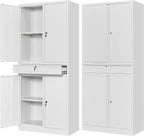 Letaya Metal Garage Storage Cabinet with Drawer,4 Door Tool Cabinet with Lock-2 Adjustable Shelves for Garage Home Office Utility Room (White)