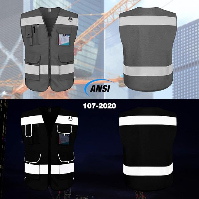 TCCFCCT Reflective Safety Vest 9 Pockets High Visibility Vest for Men Women, Hi Vis Construction Work Vest with Reinforced Sewing, Durable to Use, Meets ANSI/ISEA Standards, (Grey, 5X-Large)