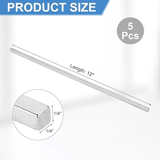 uxcell 5 Pcs Square Steel Key Stock, 1/4" x 1/4" x 12" Cold-Drawn 45# Steel Bars Precision Key Stock for Gearbox Coupling, Silver Tone