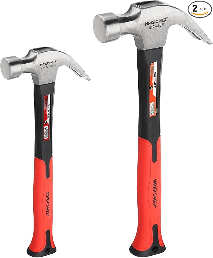 MAXPOWER Hammer Set, 8oz & 20oz Claw Hammers, Polished Carbon Steel Hammer-Head & Fiberglass Handle with Rubber Grip