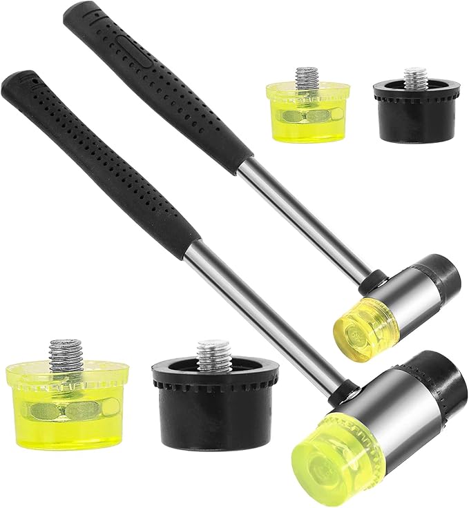 6Pcs 2 Pack 25mm 35mm Double Faced Plastic and Rubber Hammer Mallet Set Double Head Small Mallet Jewelry Hammer W 4Pcs Replacement Heads Nylon Hammer Tool for Jewelry Leather Crafts Flooring