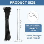 PATIKIL Cable Zip Ties 14 Inch, 100 Pcs Self-Locking Nylon Wire Tie Wraps Heavy Duty Cord Management with 50 lbs Tensile Strength for Indoor and Outdoor, Black (0.2" W)