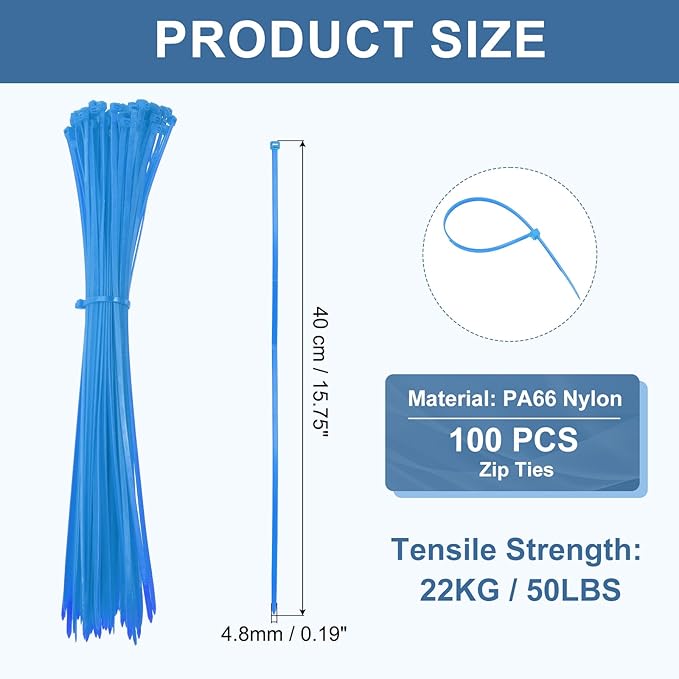PATIKIL Cable Zip Ties 16 Inch, 100 Pcs Self-Locking Nylon Wire Tie Wraps Heavy Duty Cord Management with 50 lbs Tensile Strength for Indoor and Outdoor, Blue (0.2" W)