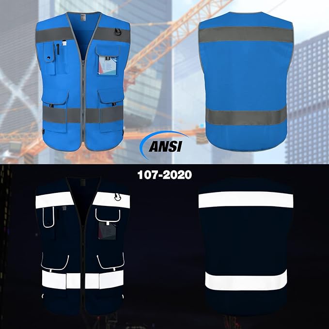TCCFCCT Safety Vest 9 Pockets High Visibility Reflective Safety Vest for Men Women, Hi Vis Work Vest with Reflective Strips, Meets ANSI/ISEA Standards, (Blue, 3X-Large)