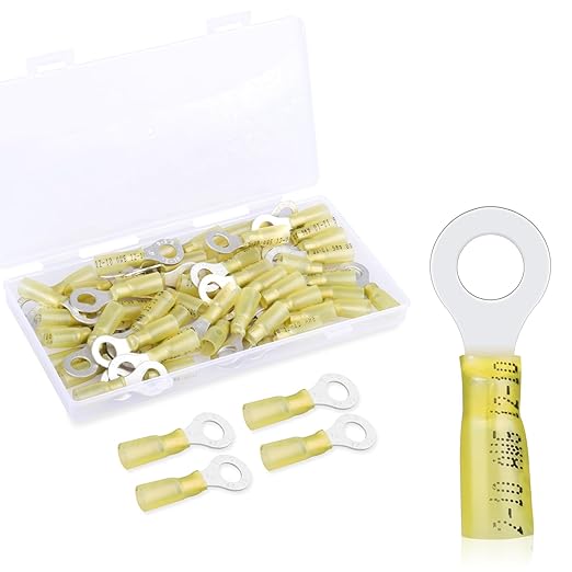 50 Pack Heat Shrink Ring Terminals - 5/16" - Yellow 12-10 AWG Marine Grade Heat Shrink Wire Connectors - Tinned Red Copper Eyelet Wire Connectors