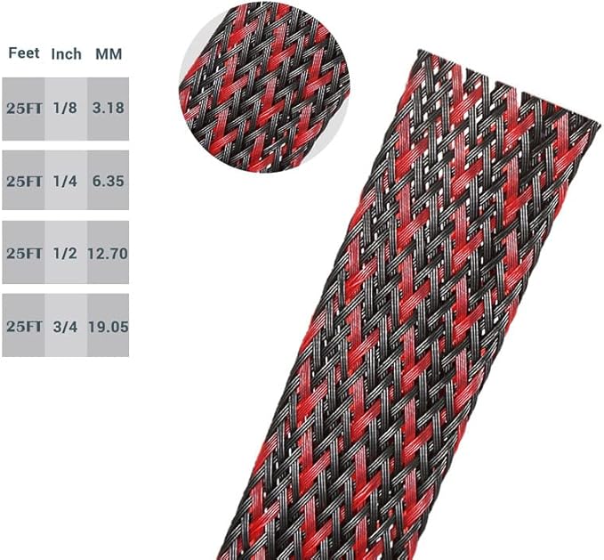 PET Expandable Braided Sleeving Wire Loom 3/4 Inch Cable Wrap Cable Sleeve Wire Protector Sleeve Tubing 25Feet, Red&Black