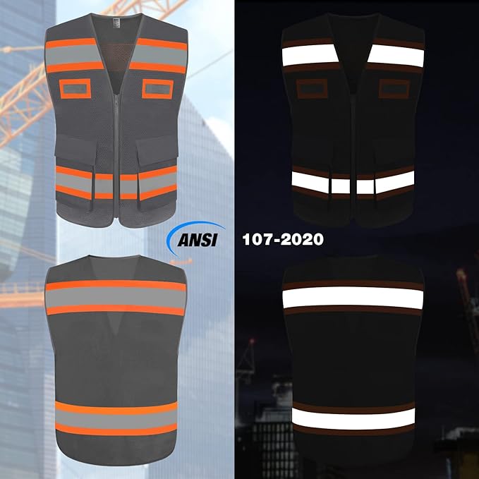 TCCFCCT Mesh Reflective Safety Vest with Pockets High Visibility Vest for Men Women, Work Vest with Fluorescent Orange Extend Edge, Meets ANSI/ISEA Standards, Grey, 3XL