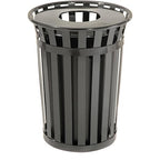 Global Industrial 36 Gallon Outdoor Slatted Steel Round Trash Can with Flat Lid, Plastic Liner & Anchor Kit Included, 28" W x 36" H, Commercial & Industrial Trash Can, Black