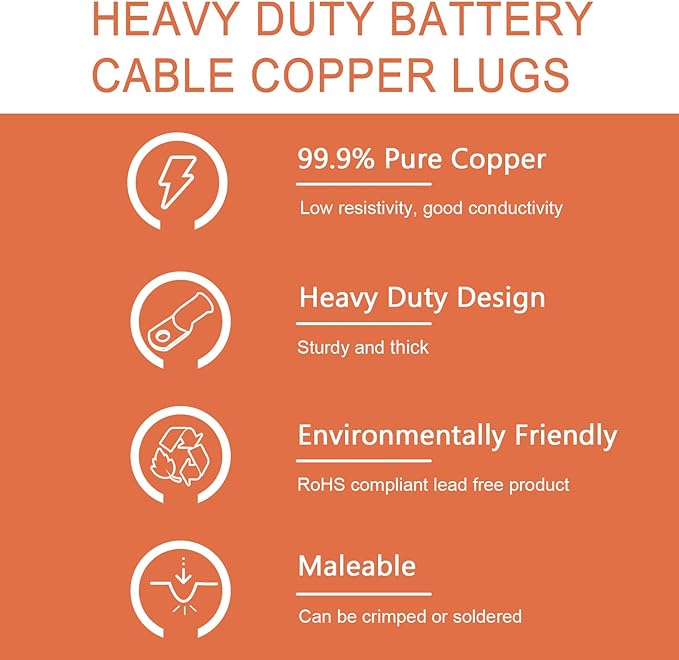 10pcs 4/0 AWG-5/16(M8) Tinned Copper Ring Terminals Battery Lugs, Heavy Duty Wire Lugs, Battery Cable Connectors