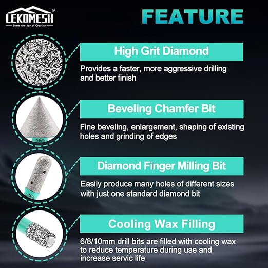 Tile Hole Saw Kit for Porcelain -(6/6/8/20/25/35/50/75/100mm+Finger Bit+Chamfer Bit+Adapter+Tile Blade) Diamond Tile Drill Bits Precision Cutting for Ceramic Marble Brick Granite