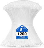 Zip Ties, RAZCC 1200pcs Cable Zip Ties 8 Inch, Heavy Duty White Plastic Wire Ties with 50lb Tensile Strength, Self-Locking Nylon Cable Ties, Wire Management for Indoor and Outdoor
