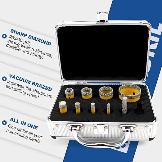 HIGHDRIL Diamond Drill Bits Kit with 5/8-11 for Porcelain Tile Ceramic Marble Brick Concrete Vacuum Brazed Hole Saw(6/8/10/16/20/25/32/50mm+10mm Finger Bits+SDS Shank Adapter