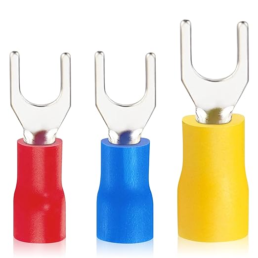 300 Pcs Fork Spade U-Type Wire Connectors, Fork Terminals, Insulated 22-16/16-14/12-10 AWG Electrical Crimp Terminal, Stud Size #8 Size Butt Connectors (Red/Blue/Yellow)