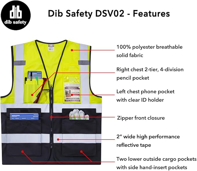 Dib Safety Reflective Vest High Visibility with Pockets and Zipper, Yellow and Black 3XL