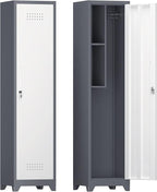 Storage Cabinet,Slim Broom Closet Storage Cabinets with Lockable Doors,Narrow Utility Cabinets with Hanging Rod,Tall Broom Closet for Laundry,Home Office,Grey-White