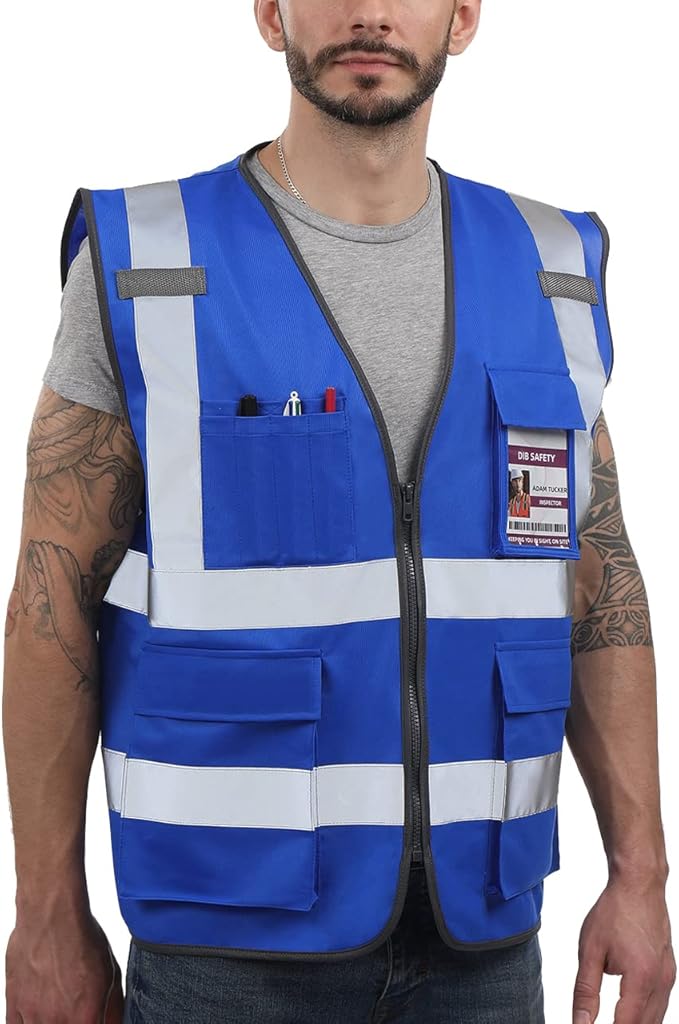 Dib Safety Reflective Vest High Visibility with Pockets and Zipper, Blue L