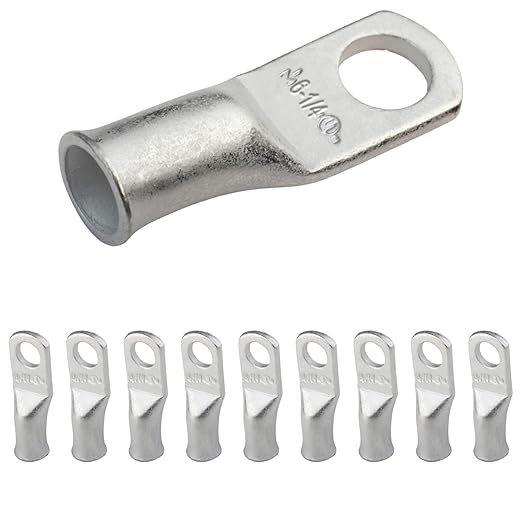 SELTERM 10pcs 6 AWG-1/4 Stud Tinned Copper Wire Lugs, Heavy Duty Battery Cable Ends,6 Gauge Ring Terminals, UL Battery Lugs Marine Grade Copper Eyelets Electrical Battery Terminal Connectors
