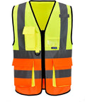 Yellow&Orange Color Mixed High Visibility Safety Vest with 7 Pockets with Reflective Strips and Zipper, X-Small