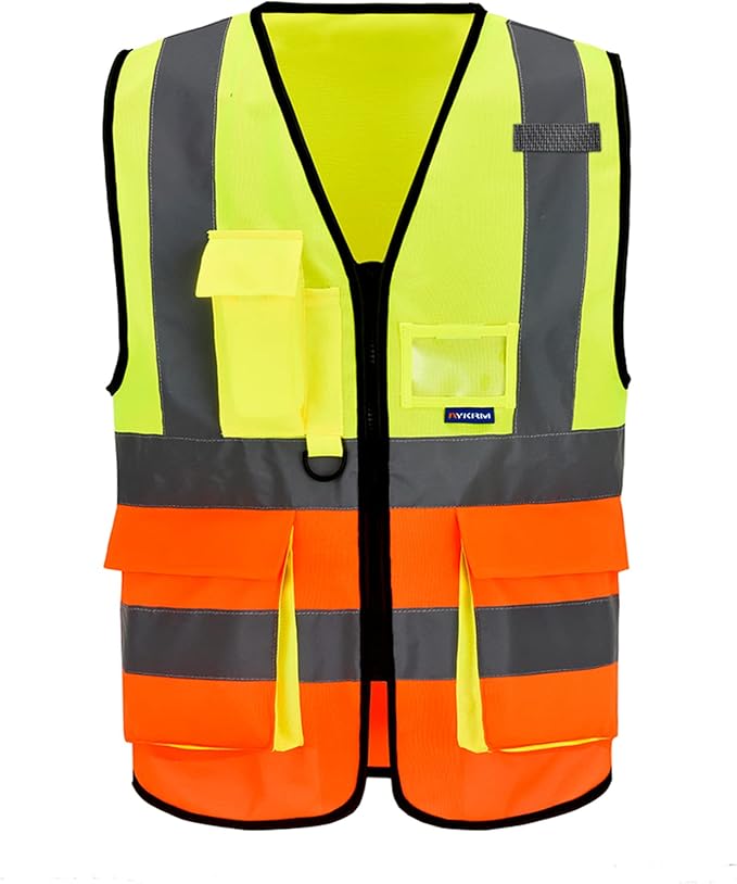 Big and tll Safety Vest with Reflective Strips and Zipper, Yellow&Orange Color Mixed 6XL-8XL
