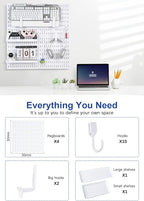 Pegboard Wall Organizer Kit – Heavy Duty 20lbs Load Bearing, Easy Installation, 4 Peg Board Panels 14 Accessories – Multi-Surface Use For Garage, Office, Kitchen & Crafts (White Pegboard,24″×24″)