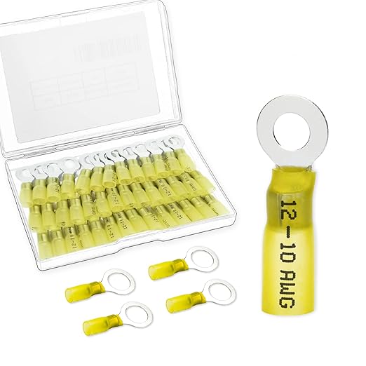 60 PCS Heat Shrink Wire Connectors, 12-10 AWG Ring Terminals, 12-10 Gauge #10 Automotive Marine Ring Connectors by Housun