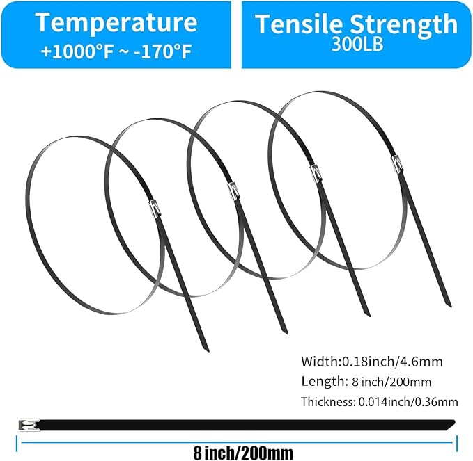 XINGO 8 inch Black Metal Zip Ties (200 Pack), 304 Stainless Steel Heavy Duty Zip Ties, 300lbs Tensile Strength, Multi-Purpose Self-locking Cable Ties for Exhaust Wrap, Outdoor and Canopy Etc