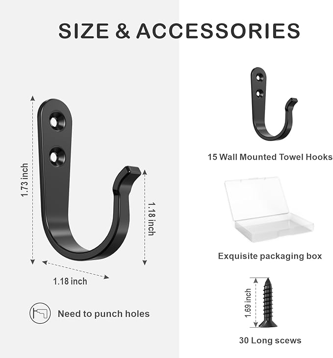 15PCS Wall Hooks for Hanging - Heavy Duty Coat Hooks for Wall, Coats, Backpacks - Black Metal Hooks for Hanging Wall - Wall Mounted Clothes Hooks for Hats, Towels, Clothing