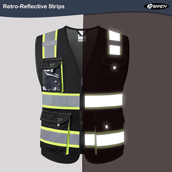 JKSafety Hi Vis Reflective Safety Vests for Men Women High Visibility Vest with Pockets Mesh Fabric Construction Safety Apparel Neon Vest for Work (220-Black 3XL)