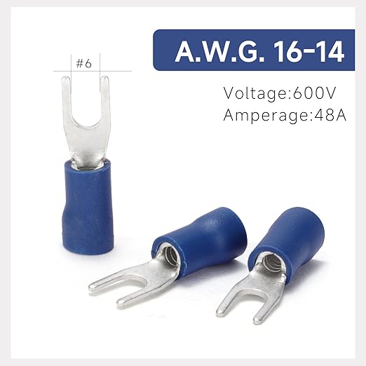 150PCS Fork Wire Connectors Insulated - Blue 16-14 AWG M3.5 Stud Size #6 - U-Type Tinned Copper Spade Electrical Crimp PVC Terminals