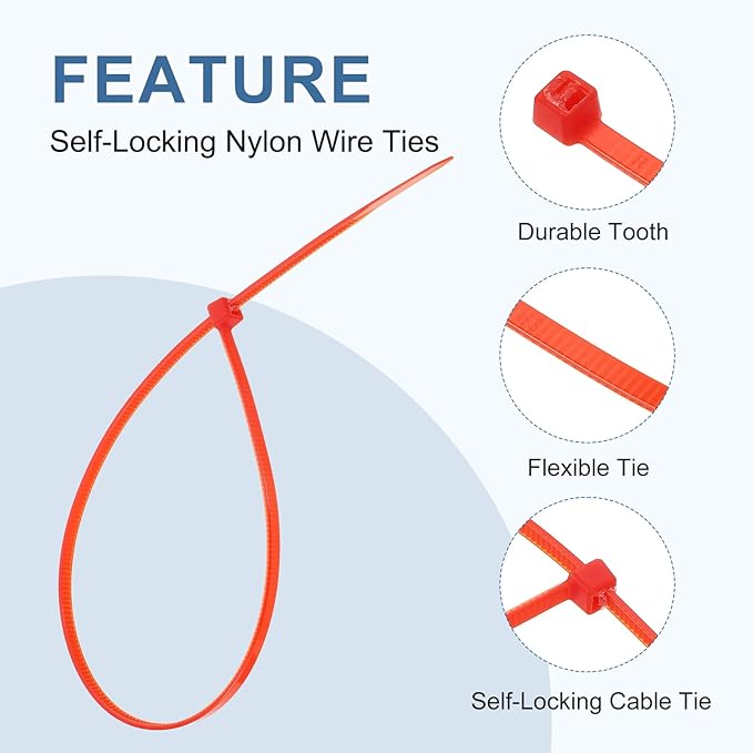 PATIKIL Cable Zip Ties 8 Inch, 100 Pcs Self-Locking Nylon Wire Tie Wraps Heavy Duty Cord Management with 50 lbs Tensile Strength for Indoor and Outdoor, Red (0.1"W)