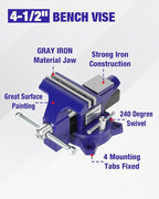 WORKPRO Bench Vise, 4-1/2" Vice for Workbench, Utility Combination Pipe Home Vise, Swivel Base Bench for Woodworking