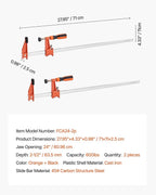 VEVOR Bar Clamps for Woodworking, 2-Pack 24 inch Opening, Lockable F-Clamp with 600 lbs Load Limit, 2-1/2 inch Depth, Cast Iron and Carbon Steel, Easy to Use, Wood Clamps for Woodworking Metal Working