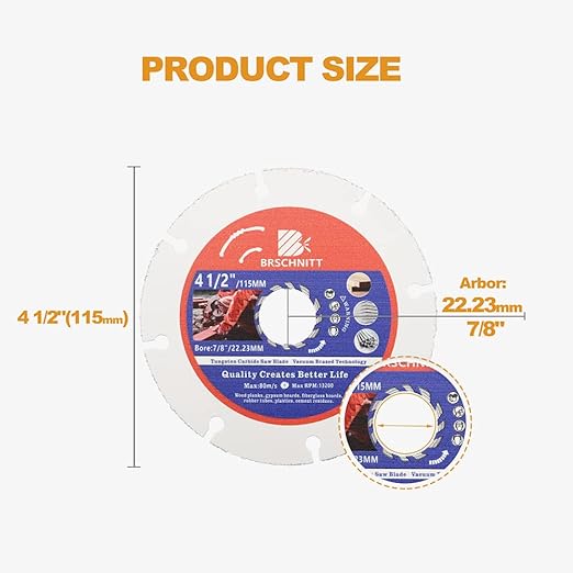 Carbide Multi Wheel,BRSCHNITT 2pcs 4-1/2 Inch (115mm) with Arbor 7/8" Tungsten Carbide Cut Off Wheel for Wood,Laminate,Gypsum Board,Plastic for Angle Grinder Cutting Disc