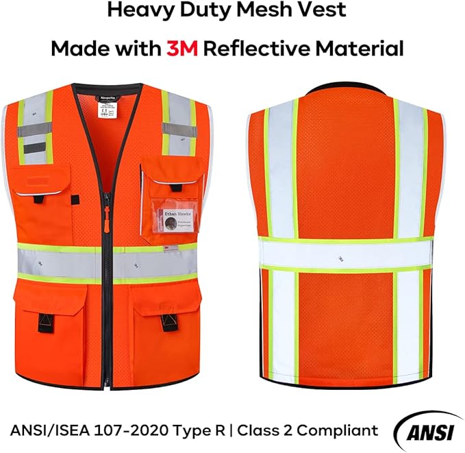 Neopelta Reflective Safety Vest Orange Mesh, Made with 3M Reflective Tape, Heavy Duty Vest with ID pocket, Padded Neck, Orange S