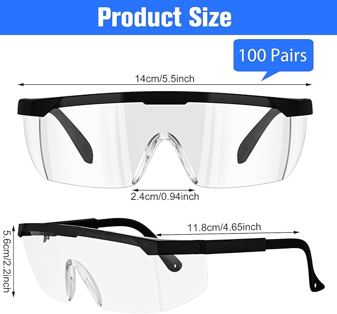 100 Pairs Safety Goggles Bulk Protective Glasses for Shooting Lab Safety Goggles Over Glasses for Kids Adult