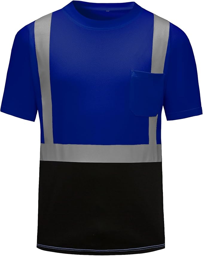 High Visibility Shirts Quick Dry Safety T Shirts with Reflective Strips and Pocket Short Sleeve Mesh Hi Vis Construction Work Class 2 Shirt for Men/Women Black Bottom Blue,Medium