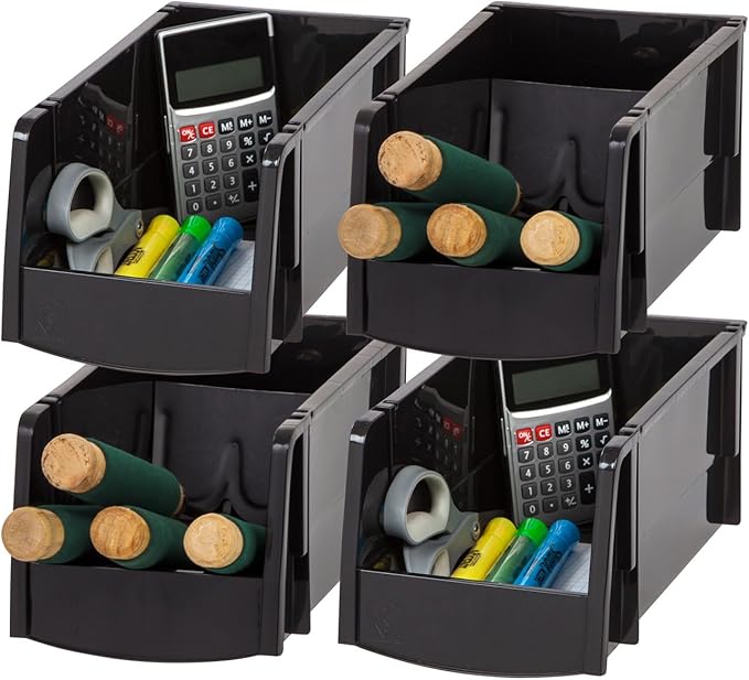 IRIS USA Stackable Bins, 11 x 6 x 5 inch, Plastic Hanging Open Front Shelf Bin Storage Organizer for Hardware, Craft Supplies, Small Parts, Nuts and Bolts, Garage Organization, 4 Pack- Medium, Black