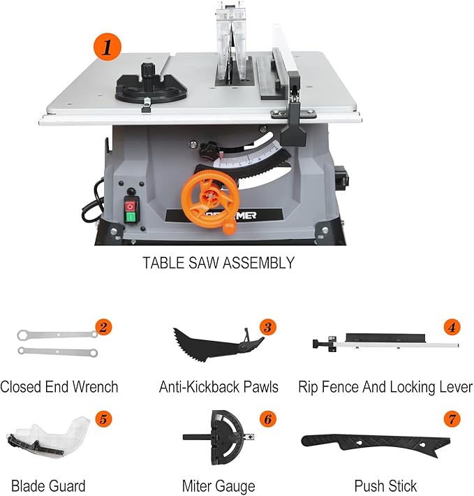 Prostormer 10 Inch Table Saw with Stand, 15A 5000RPM Portable Benchtop Saw, 45°Bevel Cutting Tabletop Saw for Woodworking