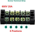 MILAPEAK Terminal Block and Strip - 10pcs (5 Sets) 5 Positions Dual Row 600V 25A Screw Terminal Blocks with Cover + 400V 25A 5 Positions Pre-Insulated Terminals Barrier Strips (Black & Red)