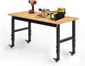 48" Heavy-Duty Adjustable Workbench for Garage, Rubber Wood Shop Table W/Metal Wheels, Hardwood Workstation Weight Capacity Over 2000 Lbs with Wheels