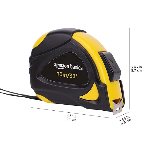 Amazon Basics Self-Locking Tape Measure, 33 feet (10 m), Inch/Metric Scale, MID Accuracy, Black, Yellow