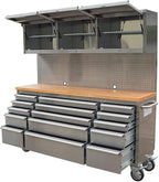 72 inch 15 Drawers Tool Chest with 3 Up Cabinet & Pegboard in Stainless Steel (Stainless Steel)