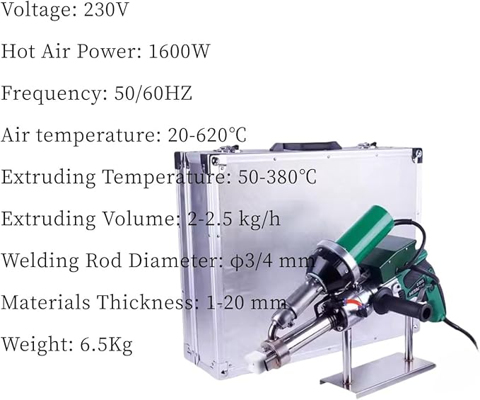 1600W Hand Extrusion Welder Gun Plastic Handheld Extruder Dual Heating System Welding Gun PP HDPE LDPE Pipe Welding Machine (220V Extruder)