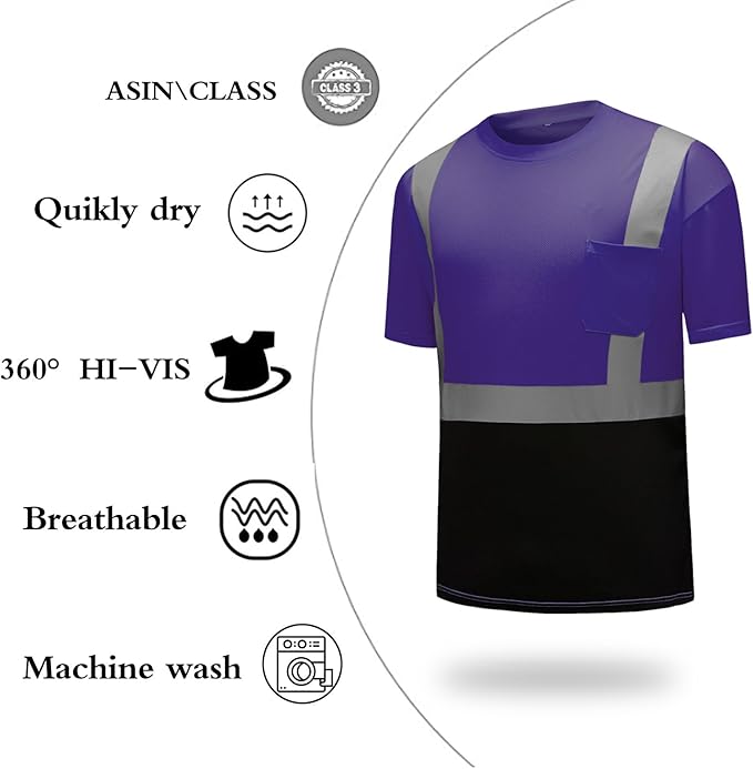 High Visibility Shirts Quick Dry Safety T Shirts with Reflective Strips and Pocket Short Sleeve Mesh Hi Vis Construction Work Class 2 Shirt for Men/Women Black Bottom Purple,XL