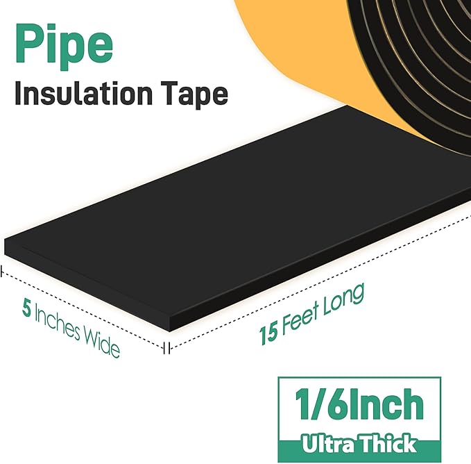 Pipe Insulation Tape, Foam Insulation Tape for Outdoor Pipes Winter Freeze Protection, Foam Pipe Insulation Wrap, Heat Tape for Water Pipes, Copper Pipes, PVC, AC Line, 5in x 15ft, Black